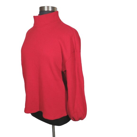 Ava + Viv Red Mock Neck Waffle Knit Balloon Sleeve Top Plus Size 1X - Picture 4 of 8